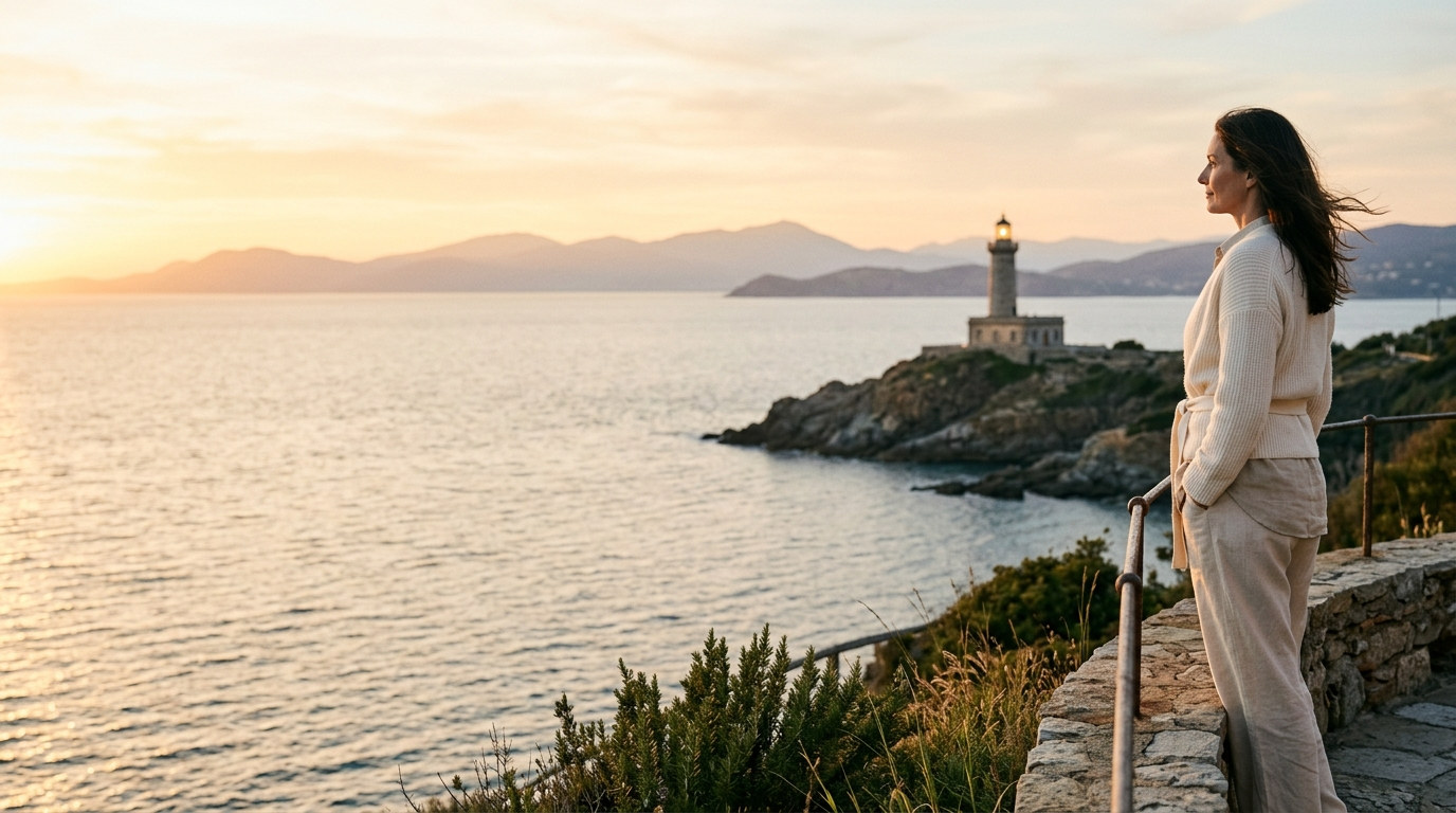 A woman looking out over a calm bay toward a lighthouse as the sun sets.