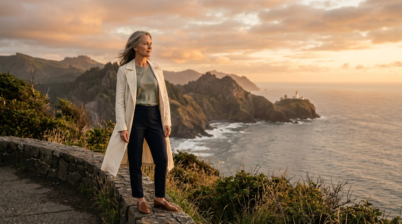 A woman standing on a coastal overlook at sunset, looking toward a distant lighthouse.