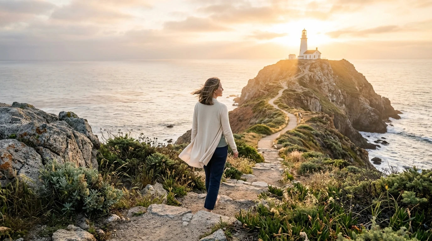 A woman following a coastal trail toward a lighthouse.