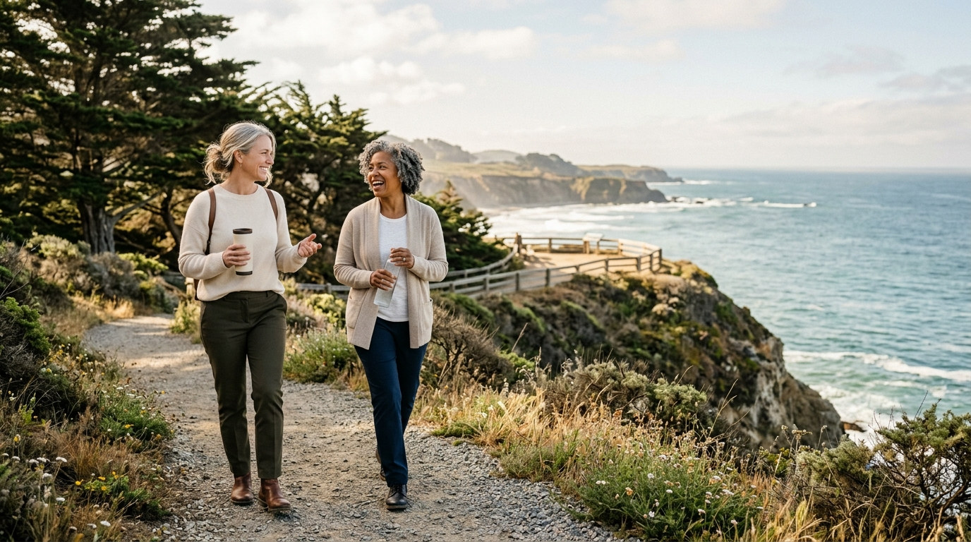 Two women walking and talking along a coastal path.