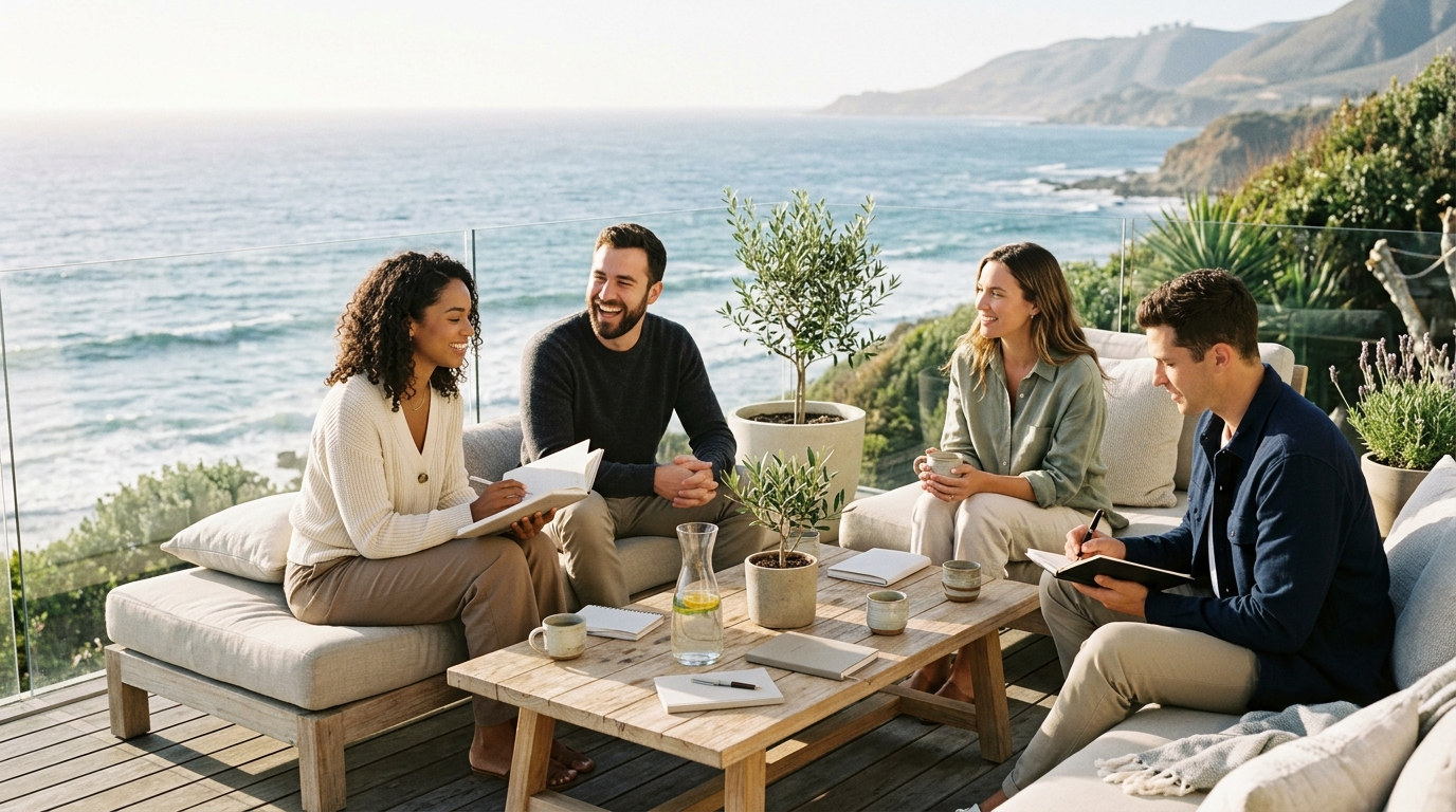 Four people in their twenties and thirties talking together on a coastal deck.