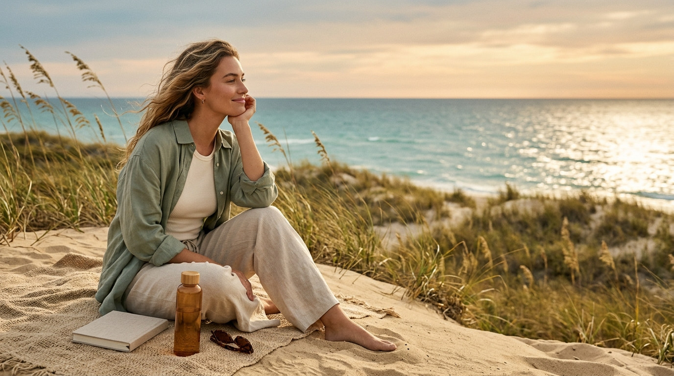 A woman sitting among dune grass above a bright, calm sea.